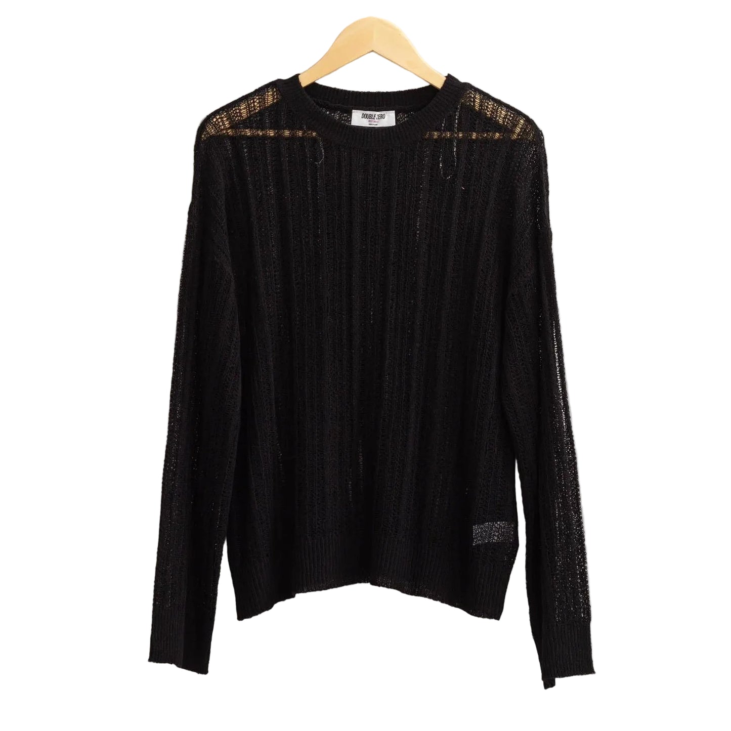 Black long-sleeve top on a hanger against a light gray background