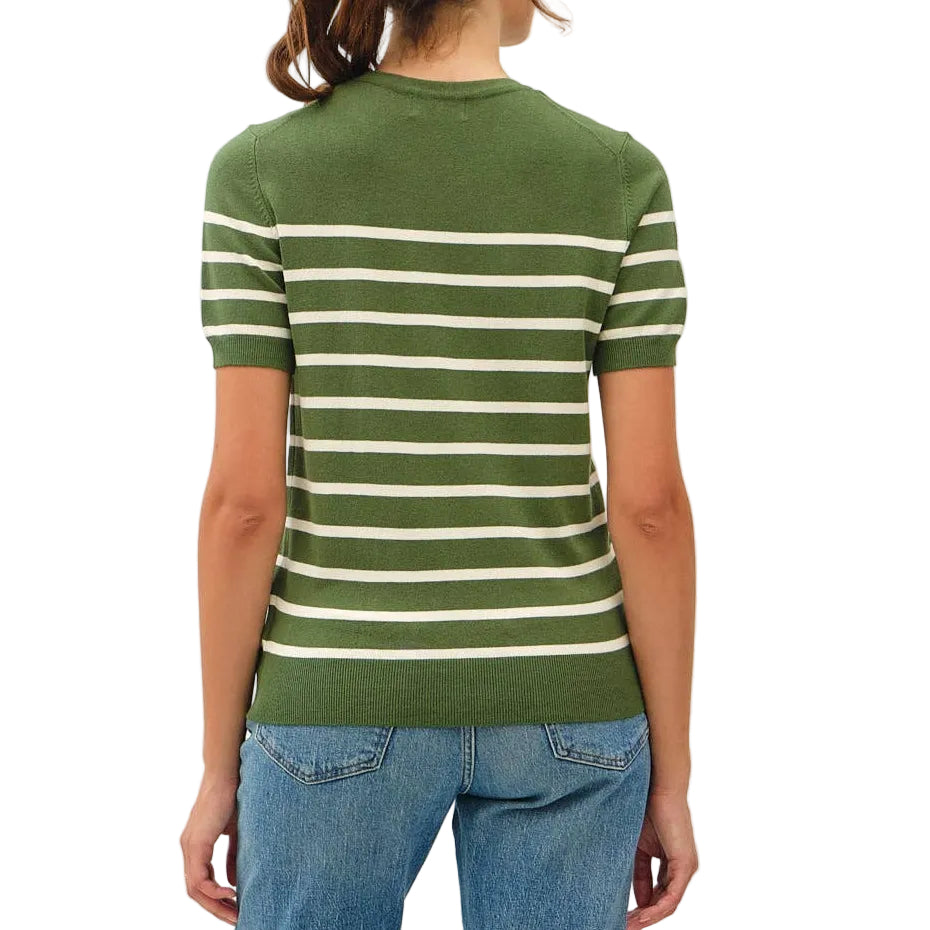 Person wearing a green and white striped shirt and blue jeans on a white background
