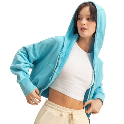 Iced Mint Washed Zip Up Crop Hoodie