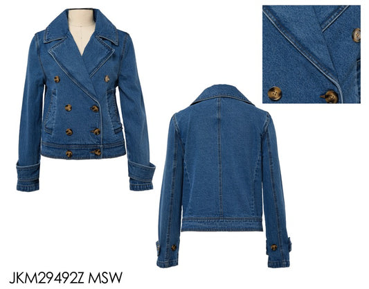 Blue denim jacket on a mannequin with close-up detail, displayed against a white background.