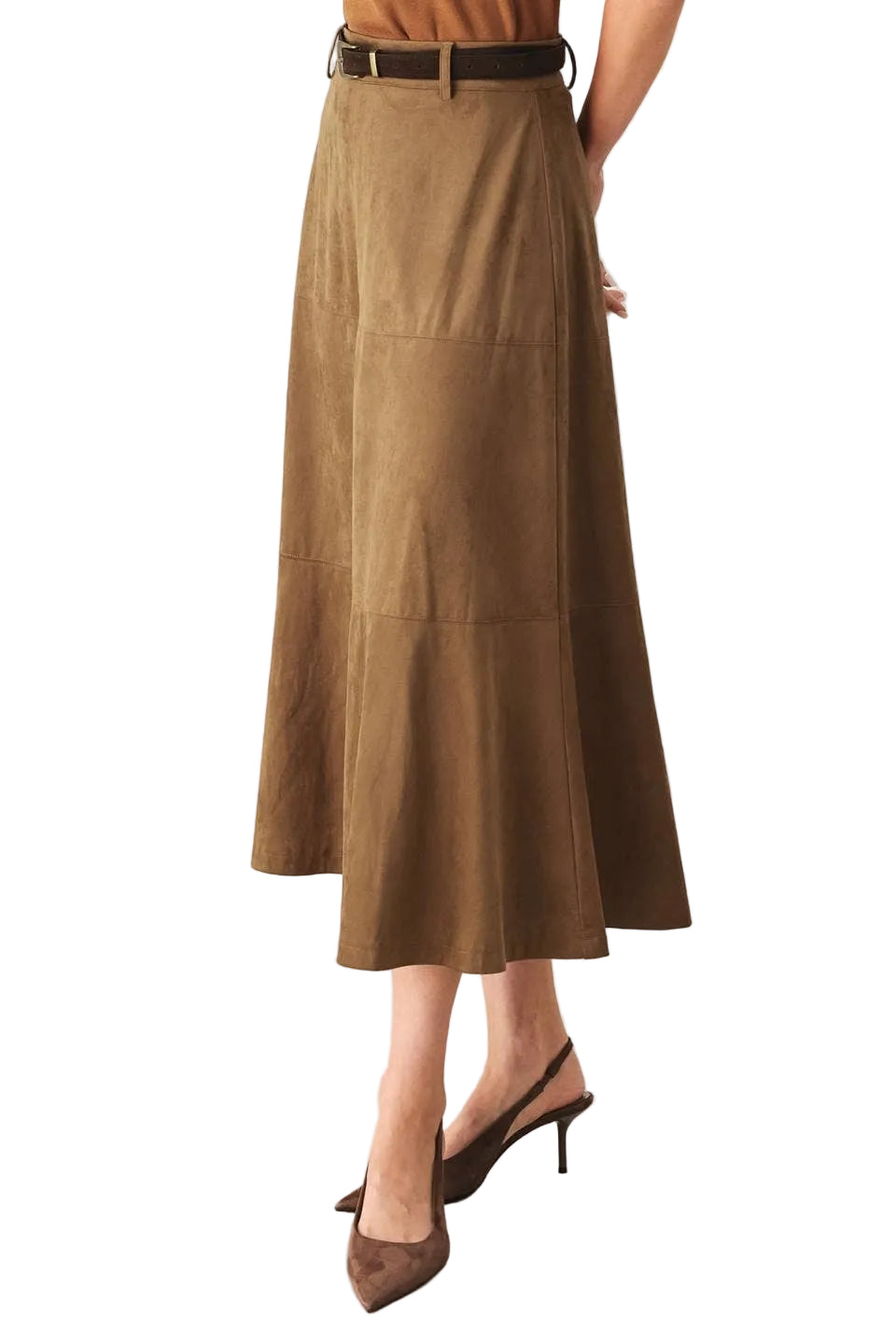 Camel Faux Suede Midi Circle Skirt