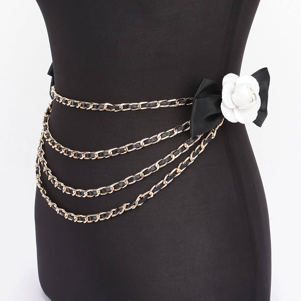 Black Layered Chain Belt w/ Double Flower Bow