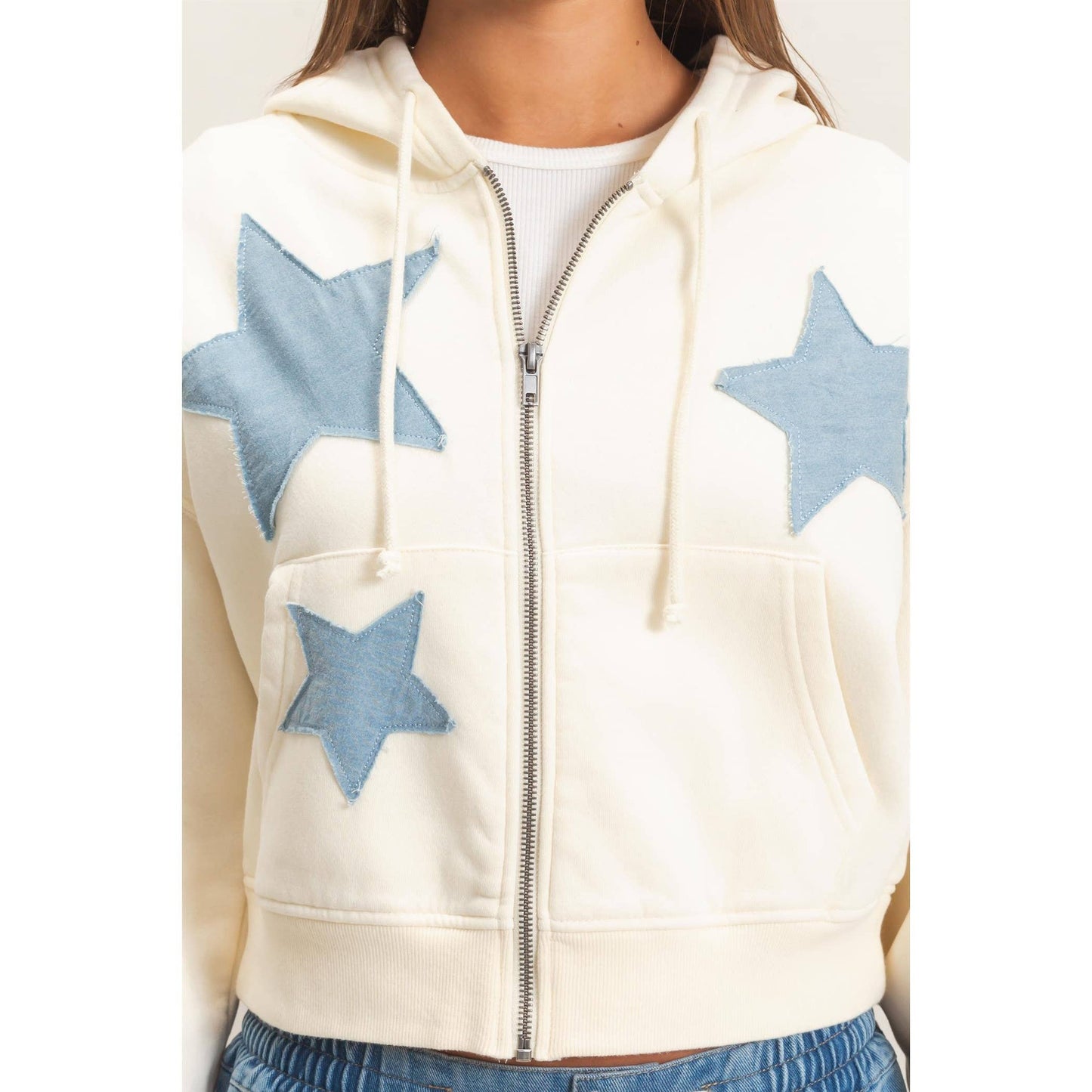 Cream Star Patch Zip-Up Hoodie
