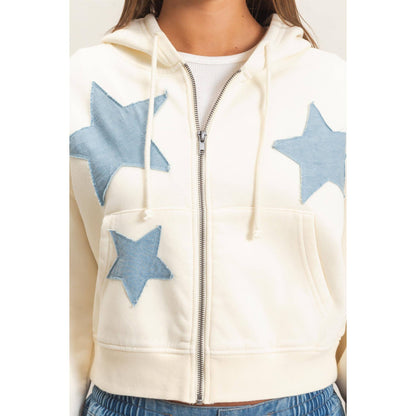 Cream Star Patch Zip-Up Hoodie