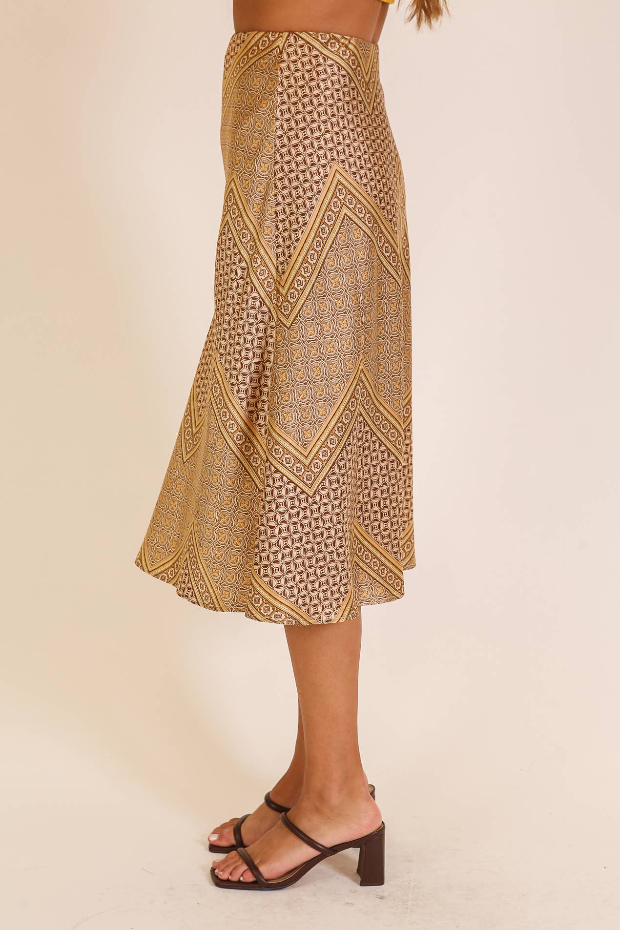 Gold Geo Print Satin Midi Skirt