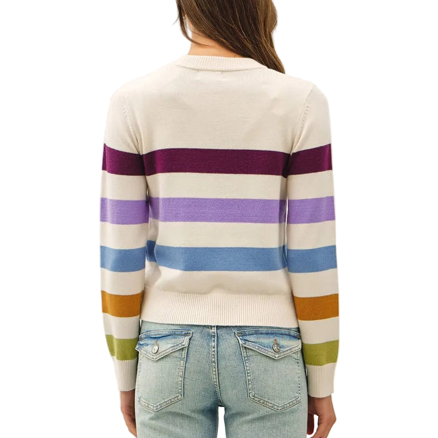 A model viewed from behind wearing a cream-colored knit sweater with horizontal stripes in purple, blue, orange, and green, paired with light-wash flare jeans against a plain white studio background.
