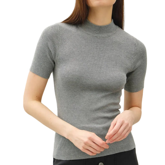Grey Ribbed Short Sleeve Mock Neck Sweater