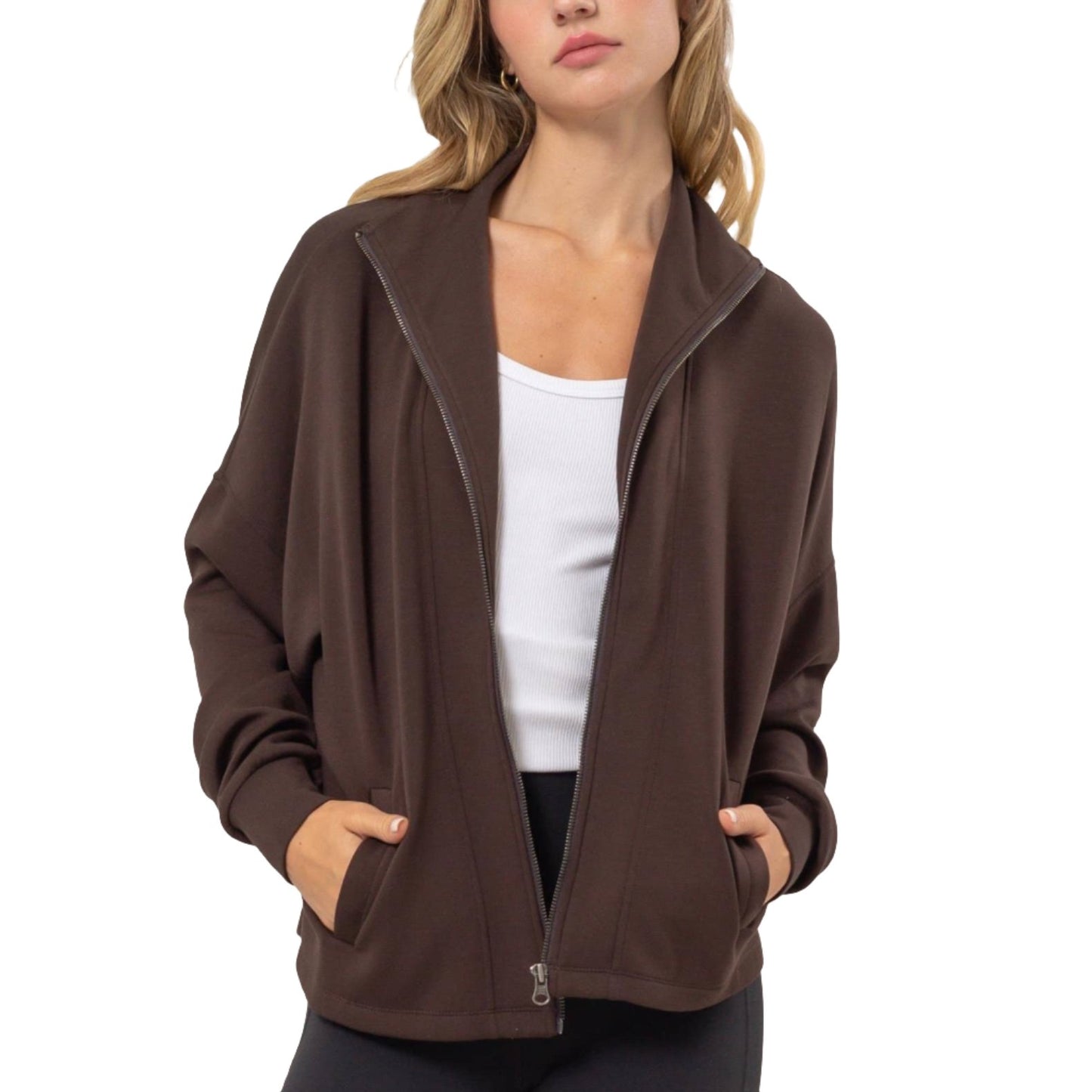 High Neck Zip-Up In Espresso