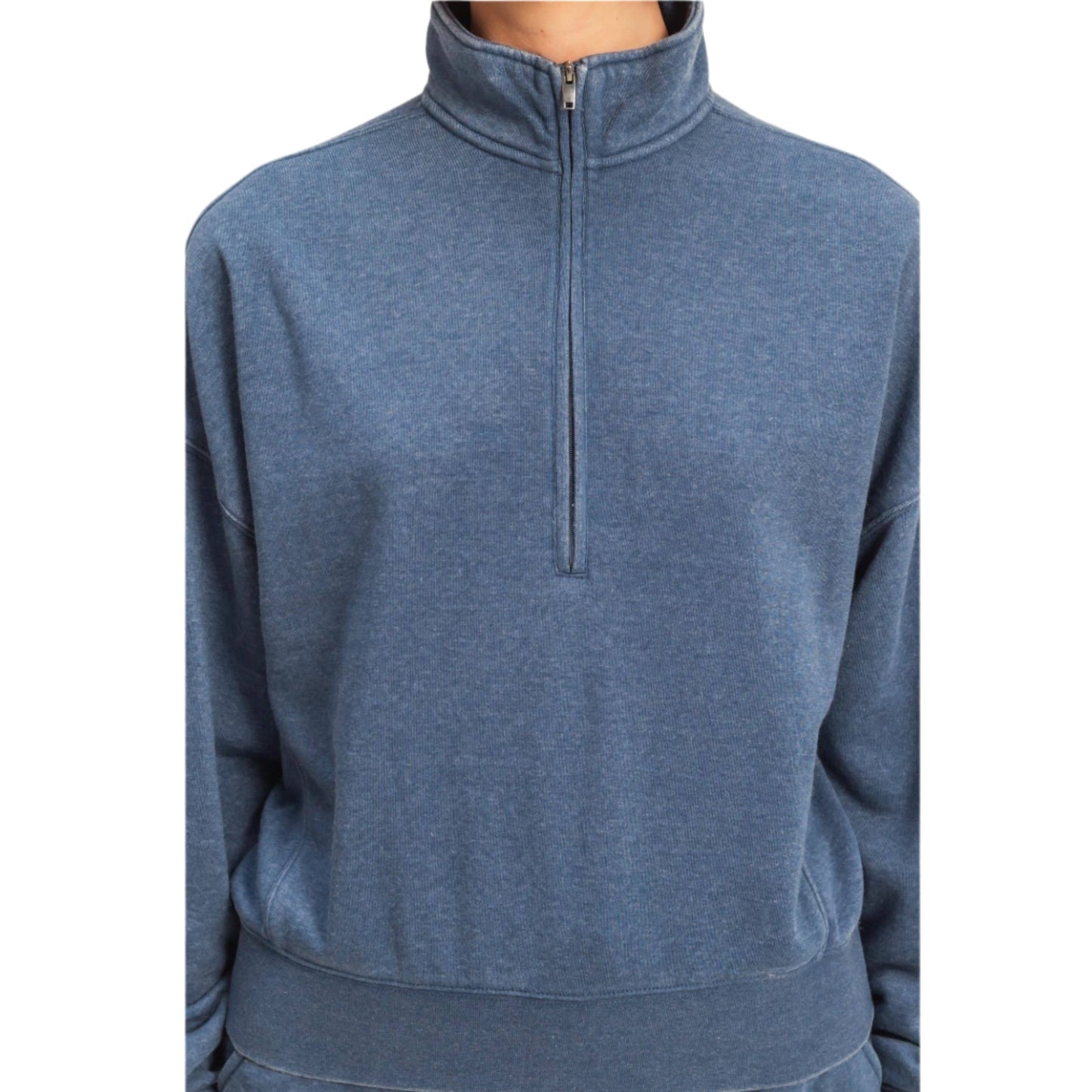 Blue pullover with a quarter zip on a white background