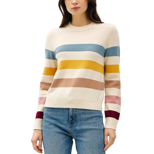 Woman wearing a striped sweater and jeans on a white background