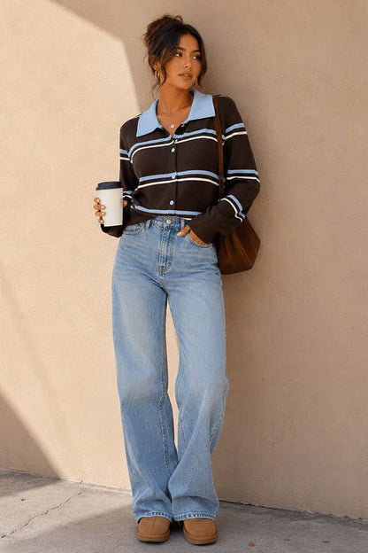 Striped Collared Knit Cardigan