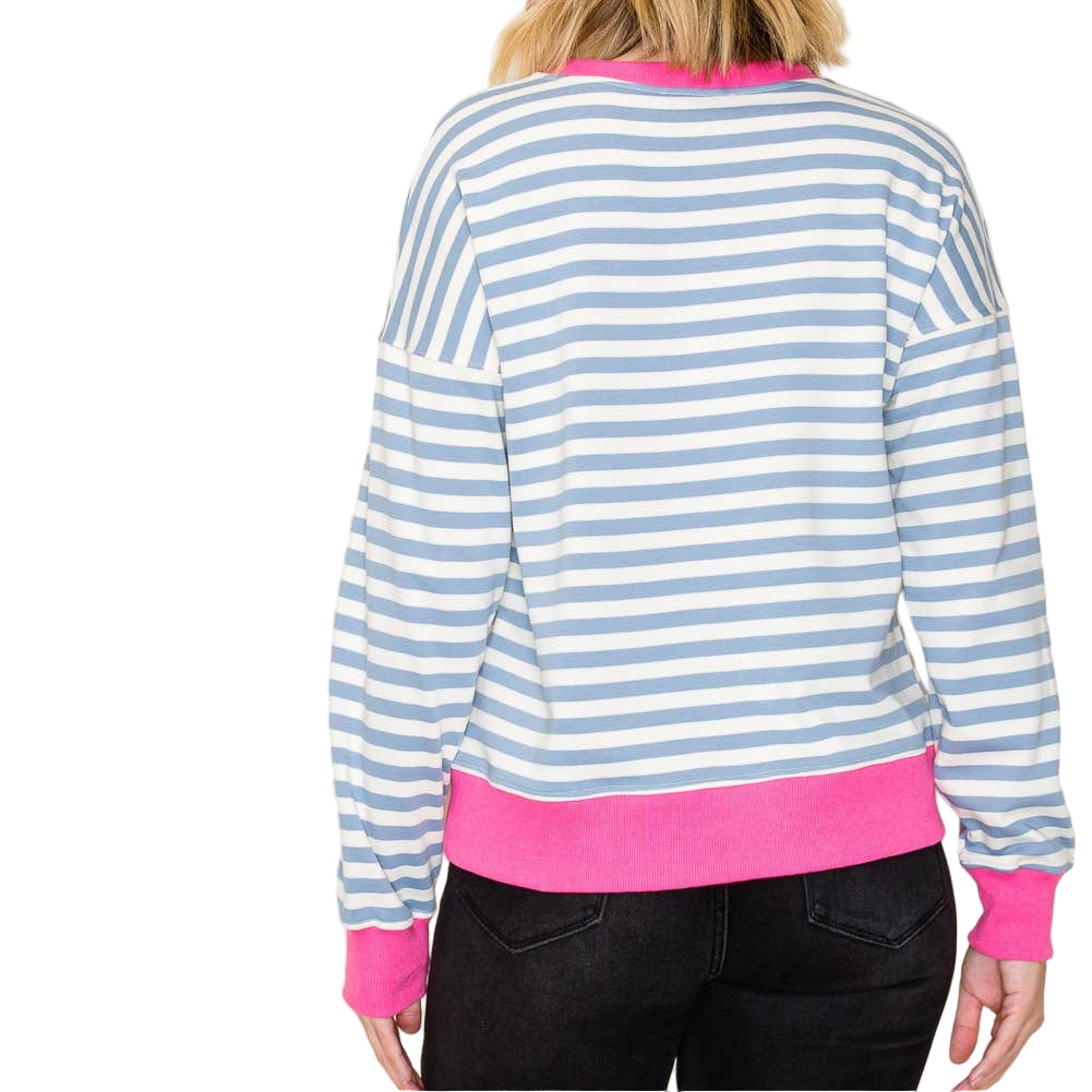 Blue Striped Sweatshirt with Pink Trim