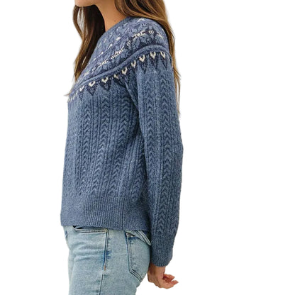 Swiss Blue Nordic Jacquard Crewneck Cable Sweater