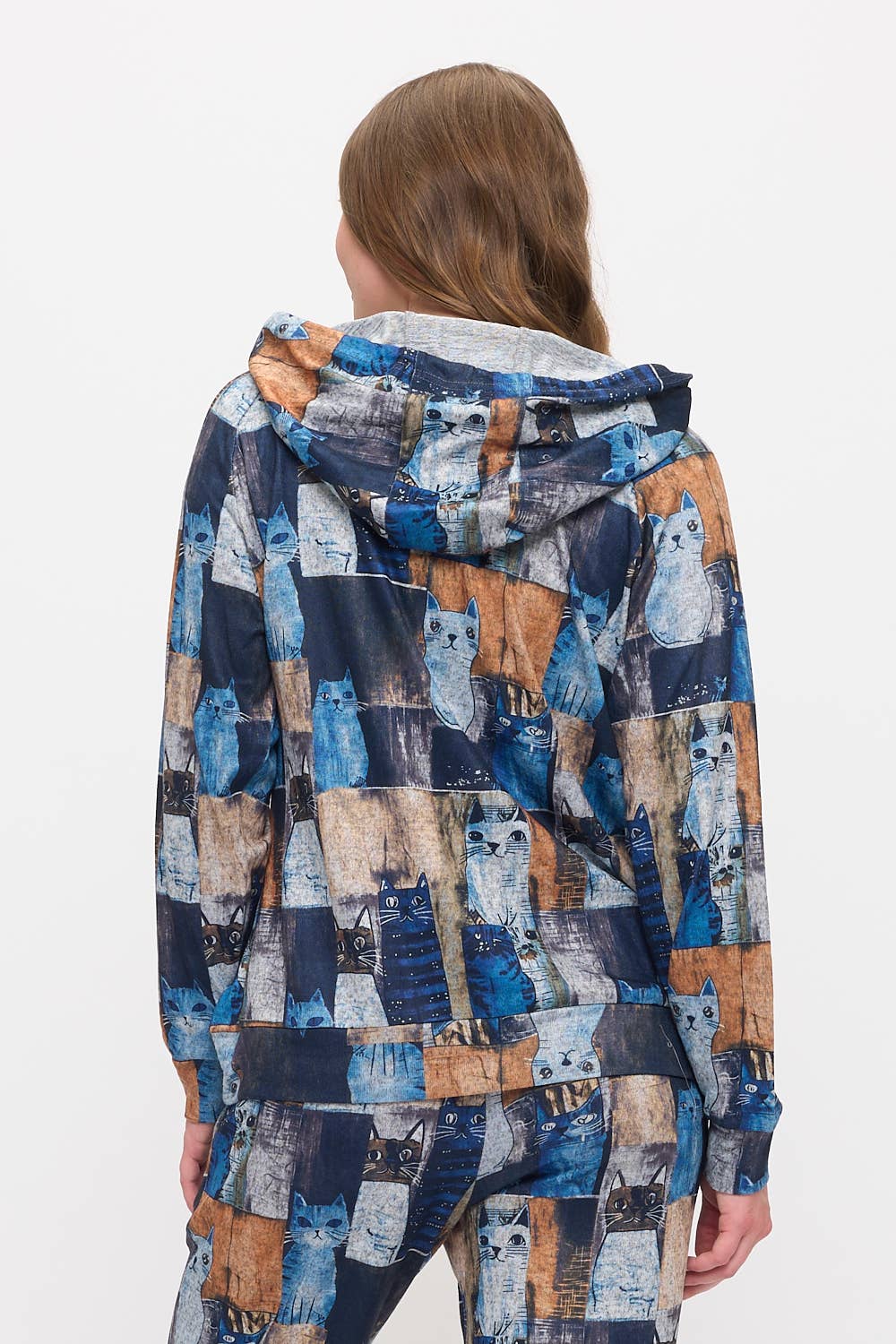 PATCHWORK CAT PRINT TUNIC HOODIE