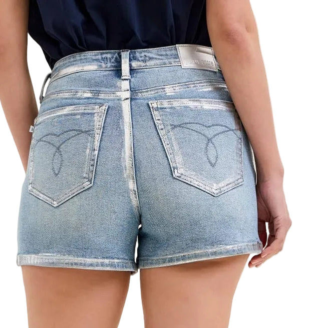 Person wearing light blue denim shorts on a plain background