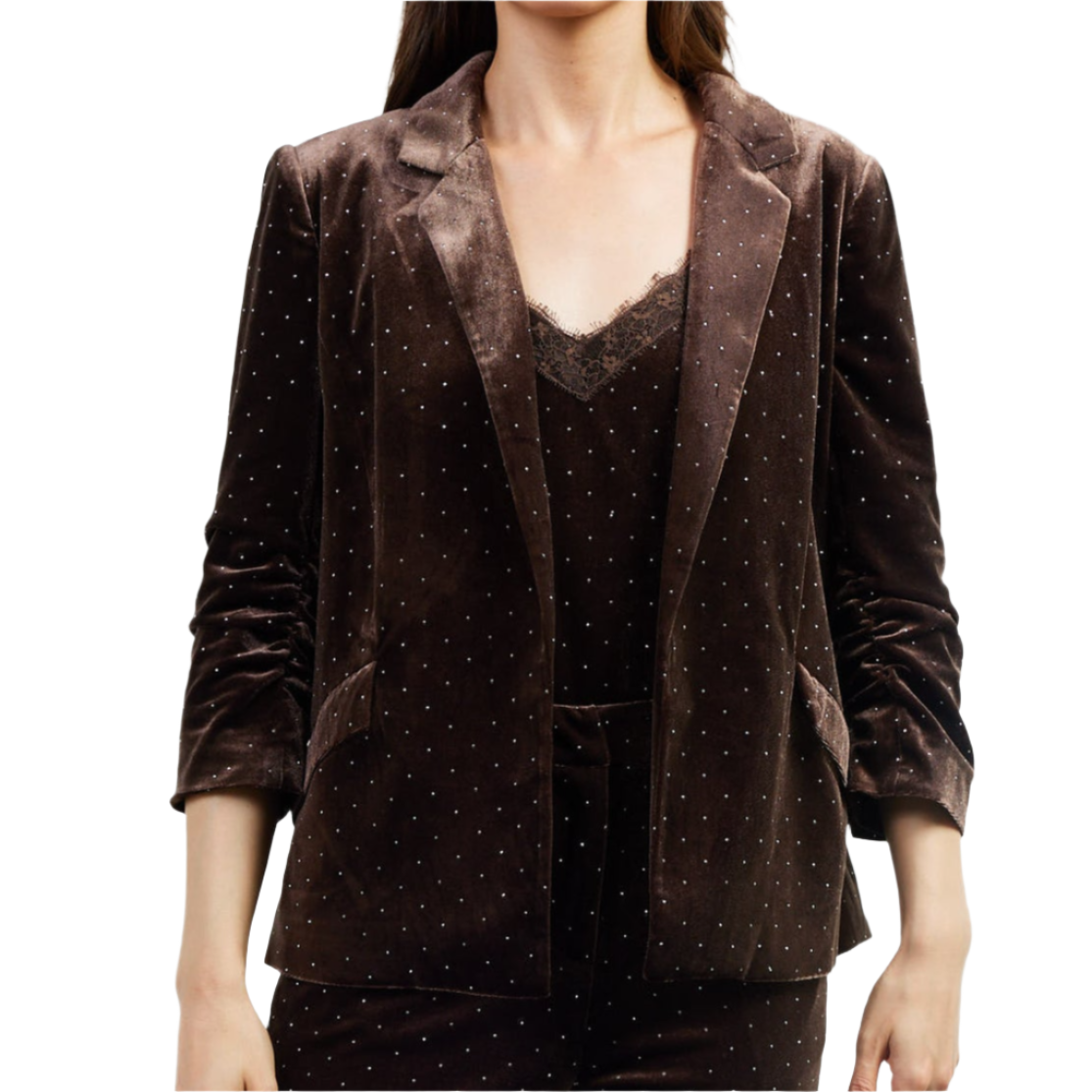 Brown Rhinestone Ruched Velvet Blazer