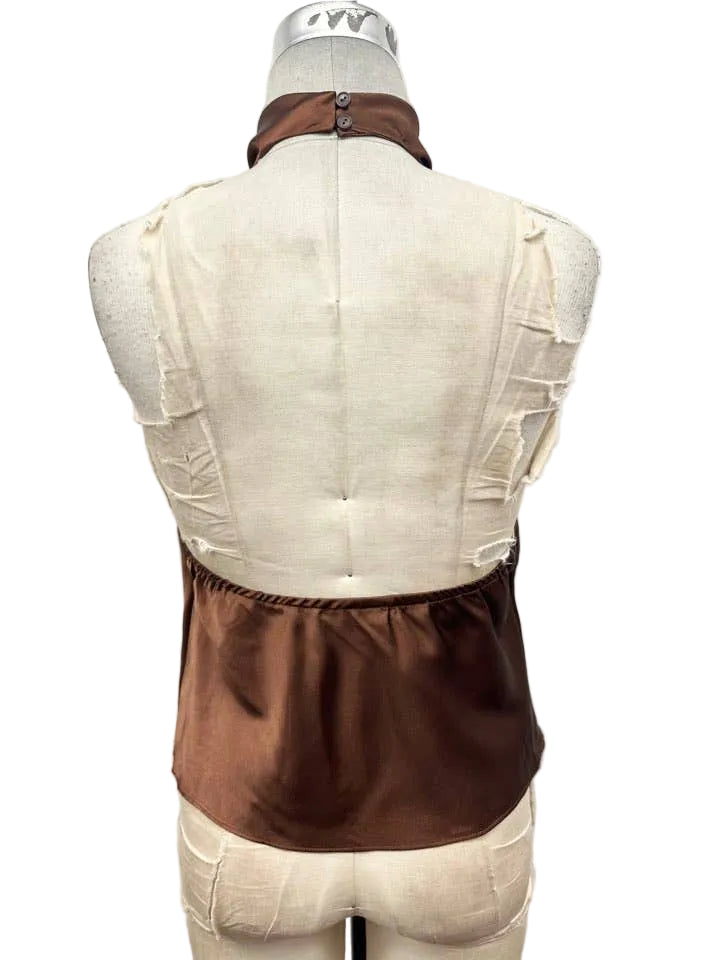 A brown satin waistcoat with a matching fabric collar, displayed on the back of a cream-colored fabric dress form mannequin against a plain white wall.