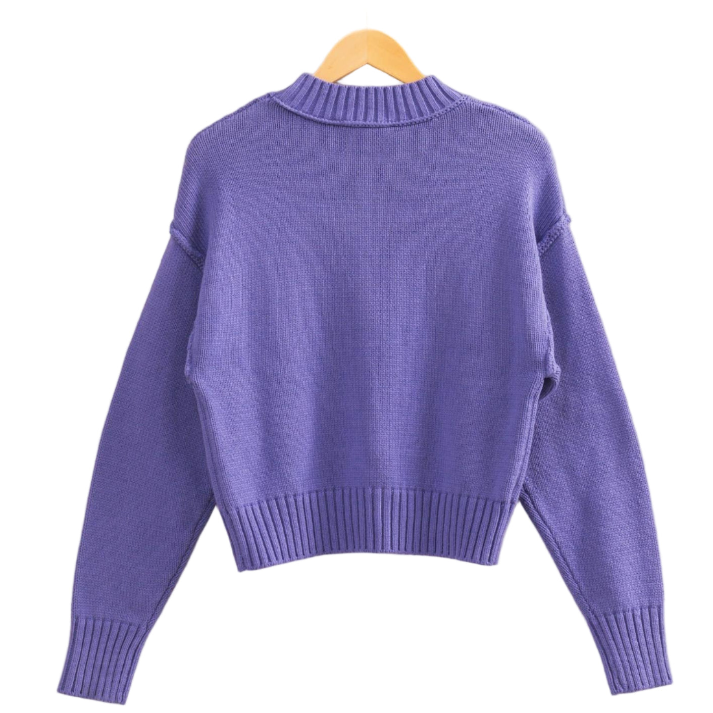 Purple sweater on a wooden hanger against a beige background