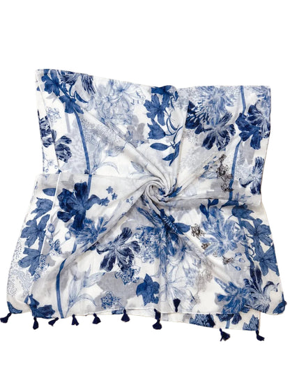 White-Blue Tassel-Detailed Watercolor Floral Scarf/Shawl
