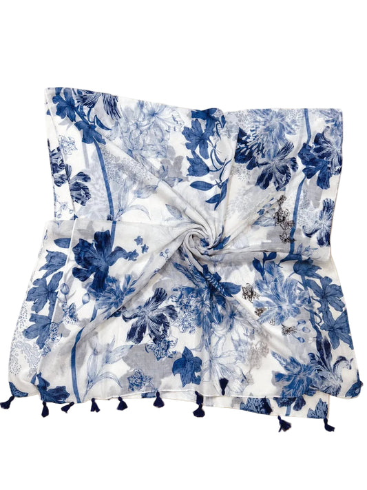 White-Blue Tassel-Detailed Watercolor Floral Scarf/Shawl