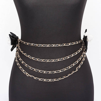 Black Layered Chain Belt w/ Double Flower Bow