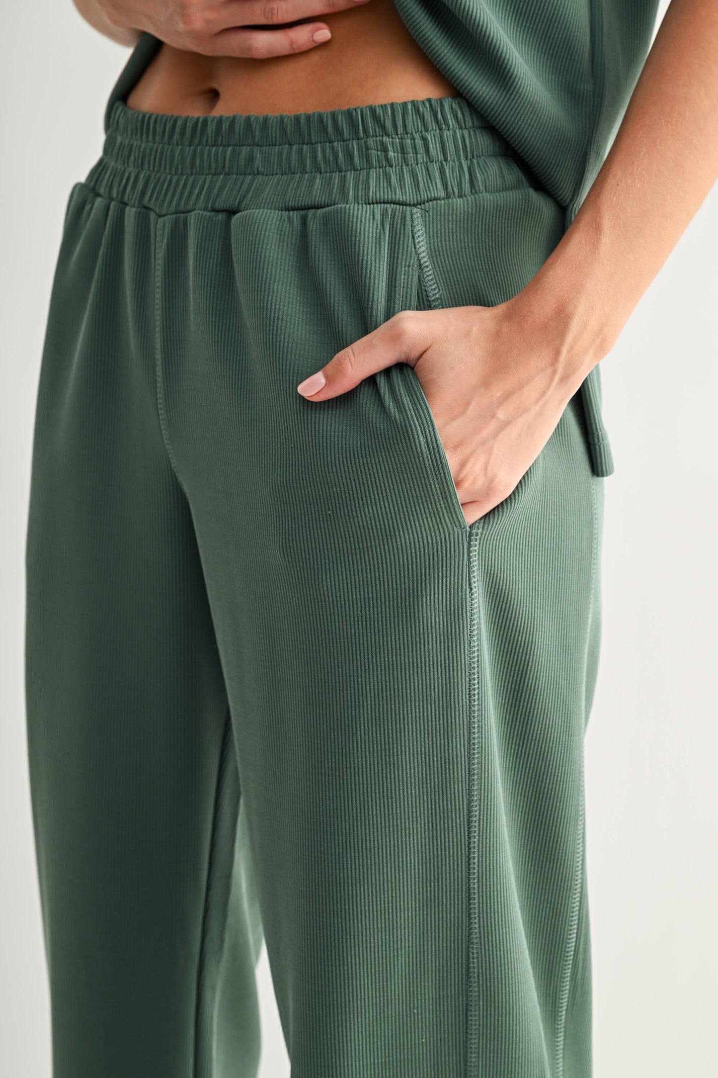 Elder Green Luxe Sand Wash Rib Wide-Leg Pants