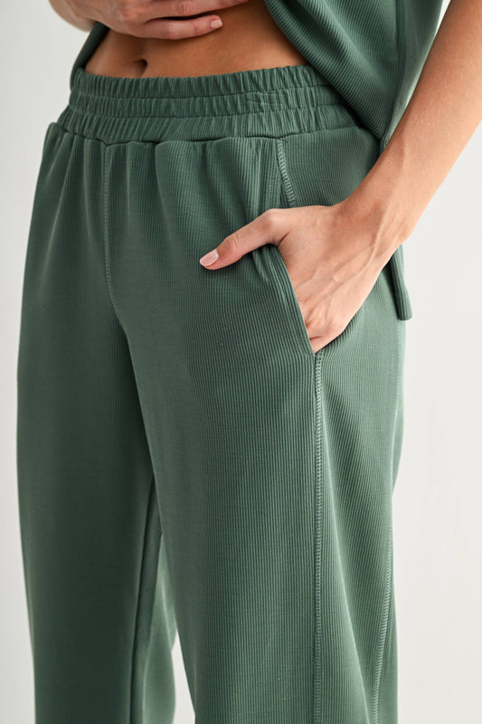 Elder Green Luxe Sand Wash Rib Wide-Leg Pants