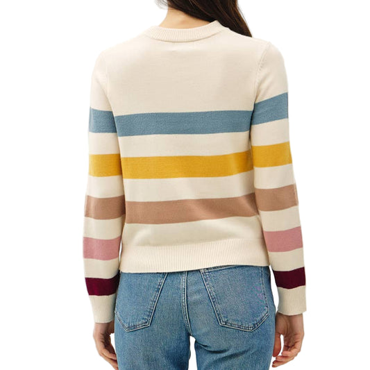 Person wearing a striped sweater and blue jeans on a white background