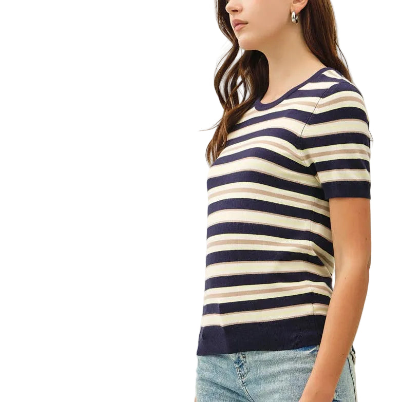 Woman wearing a striped shirt and wide-leg jeans against a white background