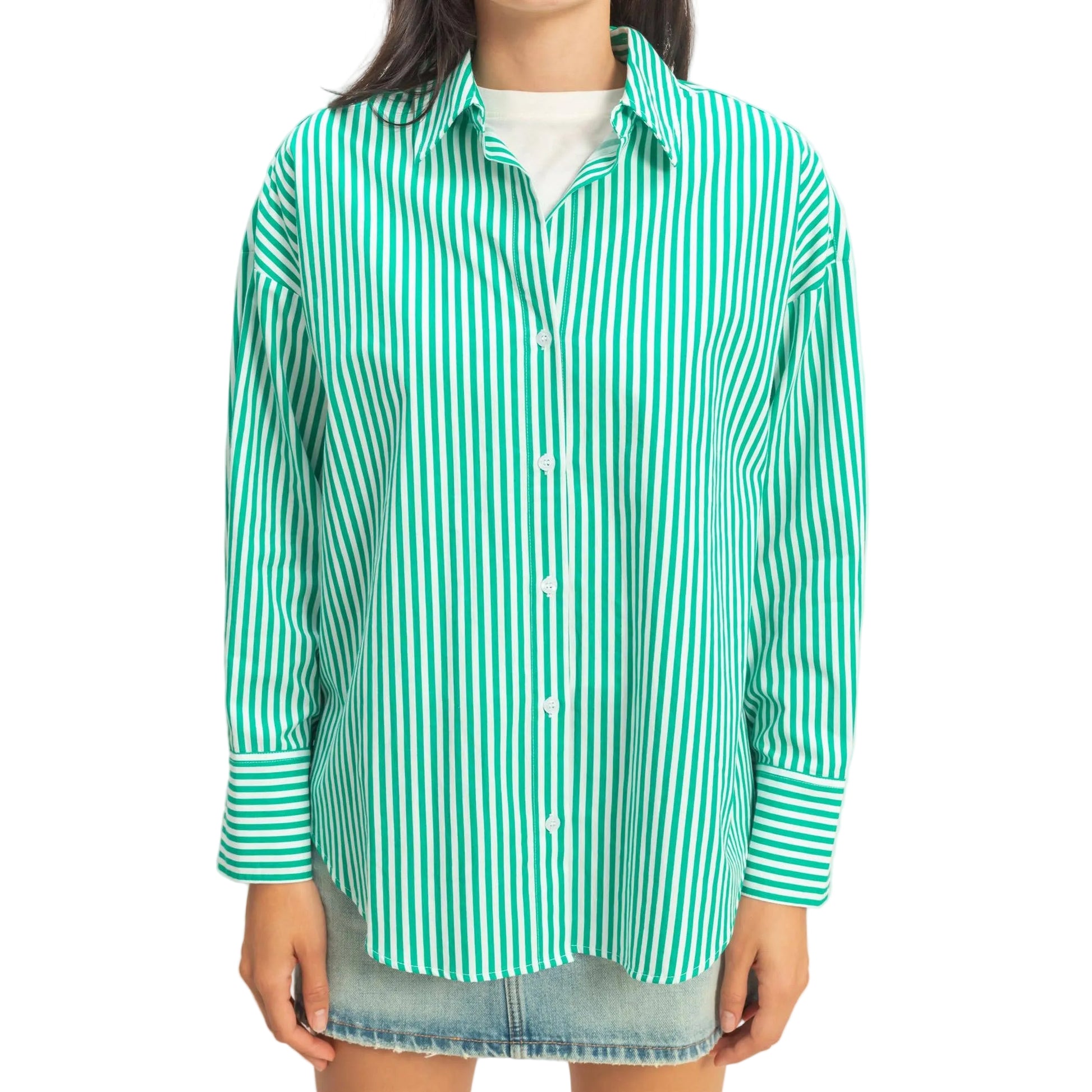 Green and white striped shirt worn by a person on a plain background