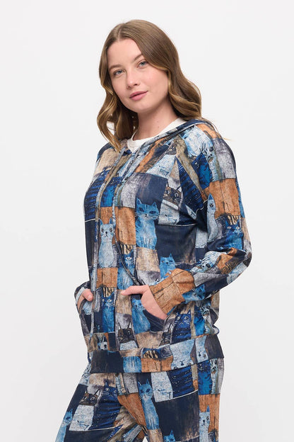 PATCHWORK CAT PRINT TUNIC HOODIE