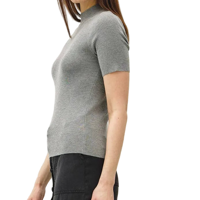 Grey Ribbed Short Sleeve Mock Neck Sweater