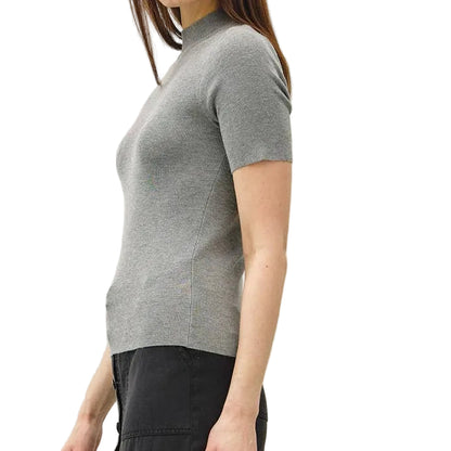 Grey Ribbed Short Sleeve Mock Neck Sweater