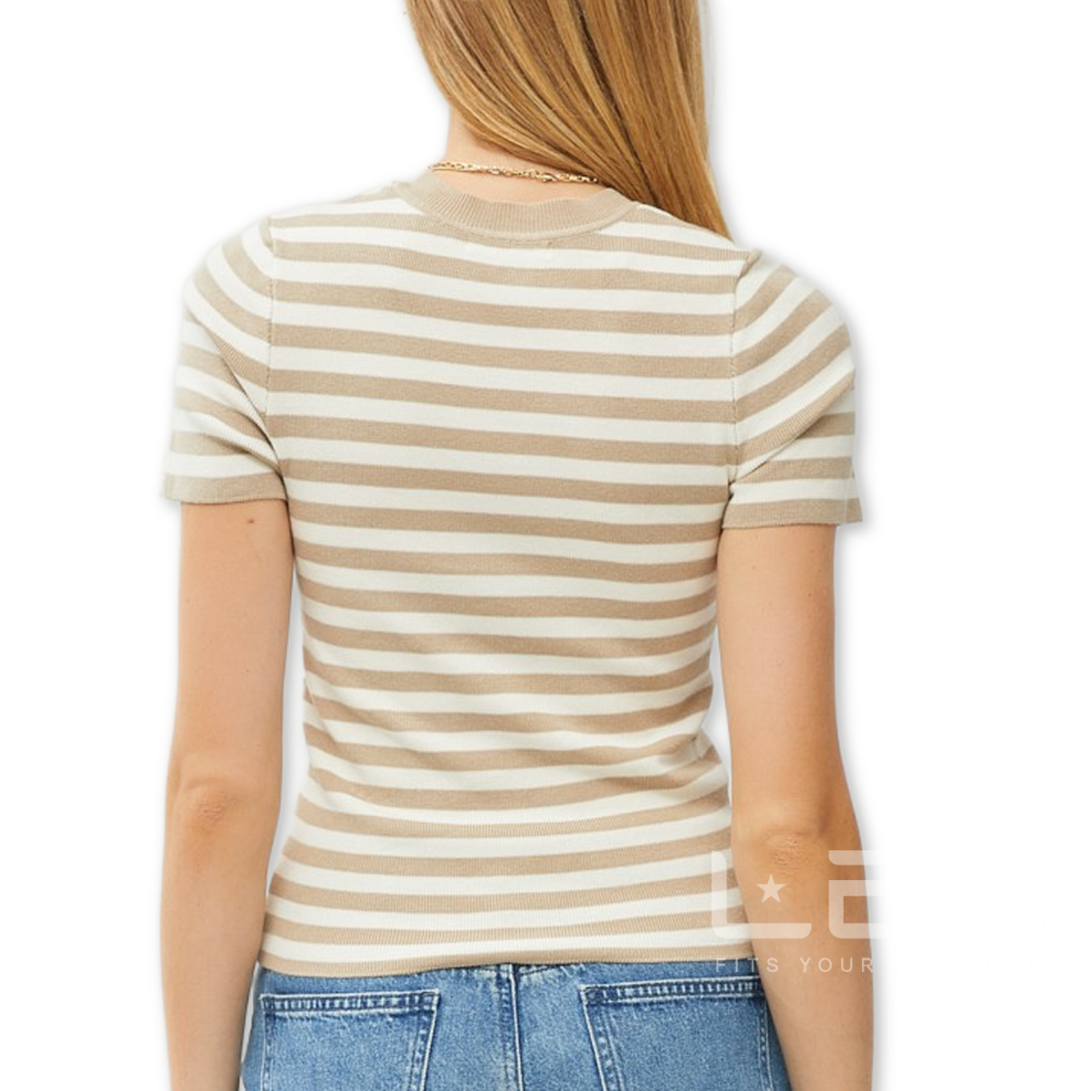 Classic Striped Crewneck Short Sleeve Sweater - Taupe