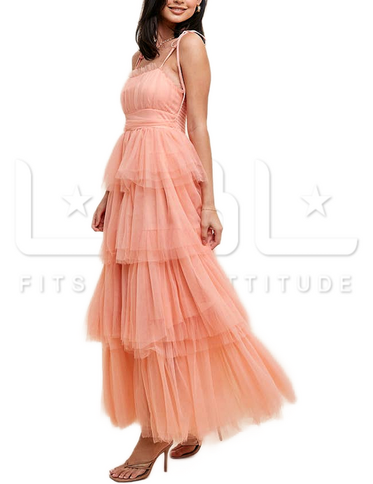 Romantic Tiered Mesh Ruffled Dress - Apricot