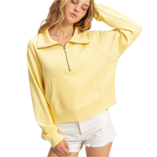 Creamy Yellow Half Zip Pocket Sweatshirt