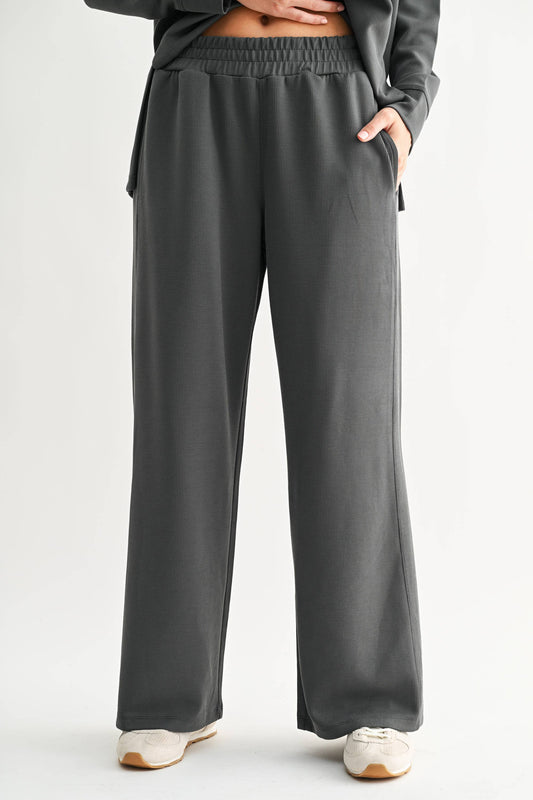 Ash Grey Luxe Sand Wash Rib Wide-Leg Pants