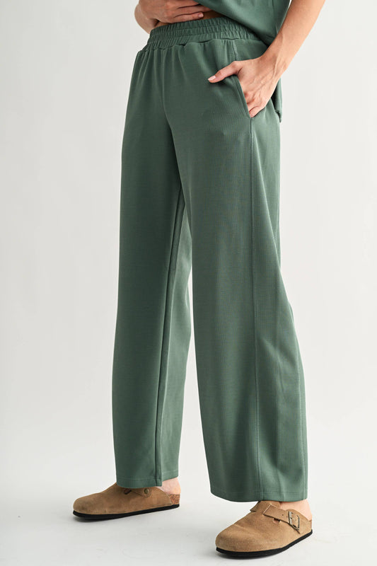 Elder Green Luxe Sand Wash Rib Wide-Leg Pants