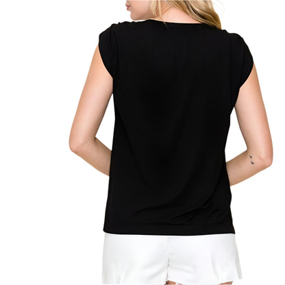 Black Rouched Shoulder Cap Sleeve Top