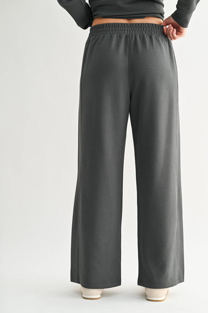 Ash Grey Luxe Sand Wash Rib Wide-Leg Pants