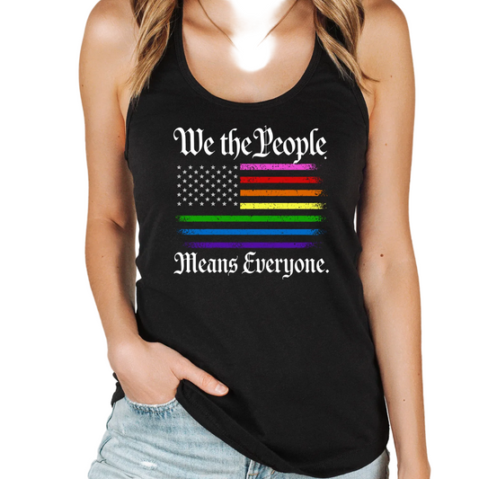 Black tank top with rainbow flag and text 'We the People Means Everyone' on a plain background