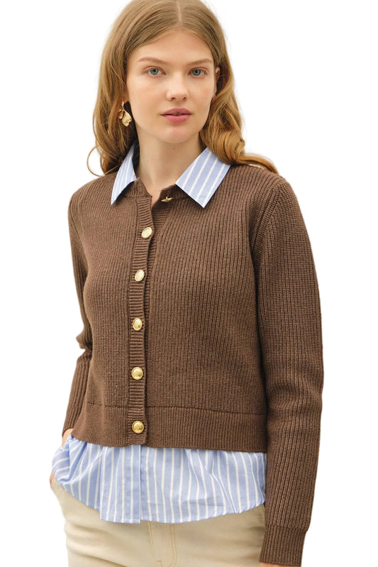 Brown Stripe Shirt with Layered Look Cardigan 2fer