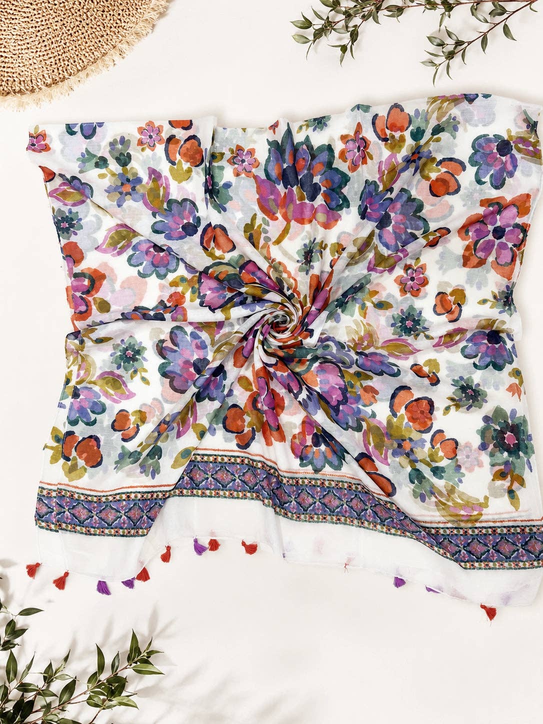 Purple-Blue Tassel-Detailed Watercolor Floral Scarf/Shawl