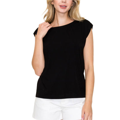 Black Rouched Shoulder Cap Sleeve Top