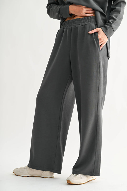 Ash Grey Luxe Sand Wash Rib Wide-Leg Pants