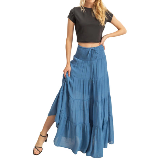 Denim Smocked Waist Tiered Maxi Skirt