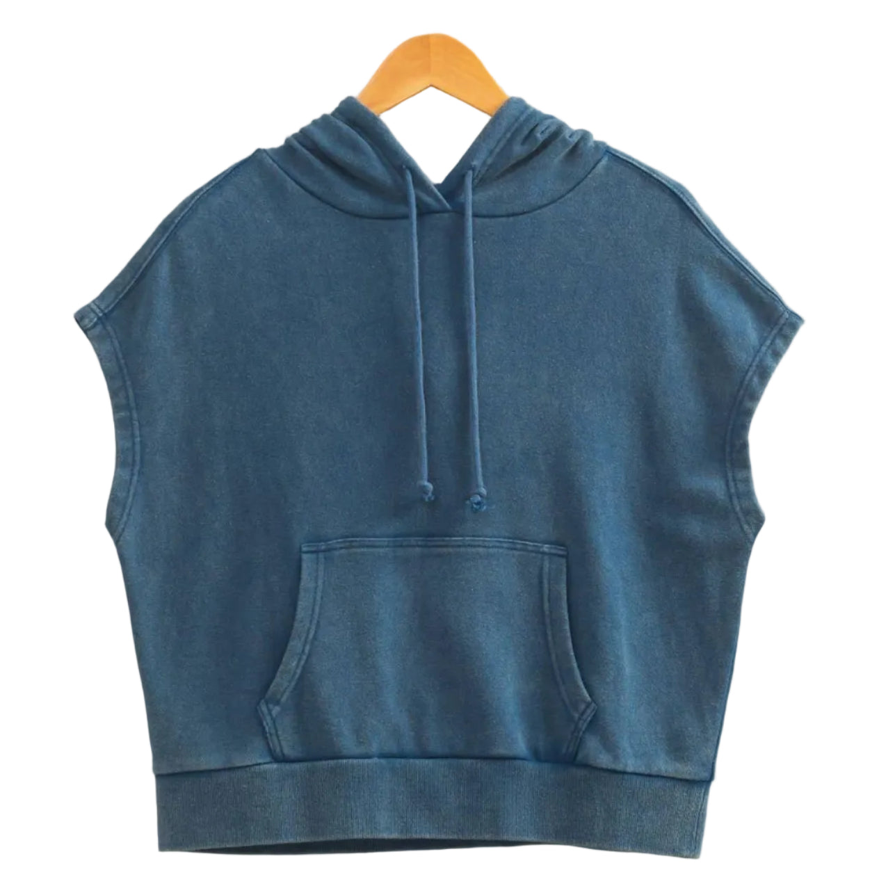 Blue sleeveless hoodie on a wooden hanger against a beige background