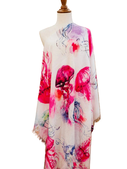 Mannequin wearing a colorful floral scarf in a store setting with decor elements.