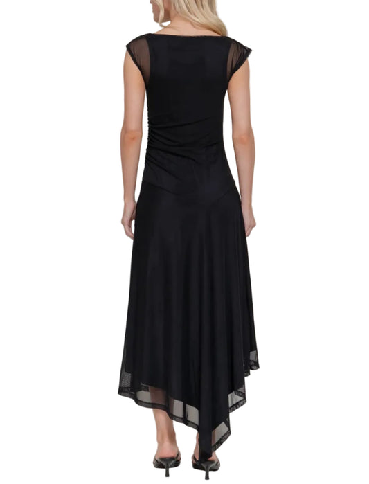Black High Neck Asymmetric Gathered Mesh Midi Dress
