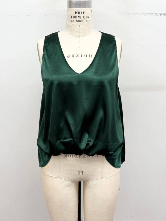 Hunter Green Sleeveless V-Neck Bubble Hem Satin Top